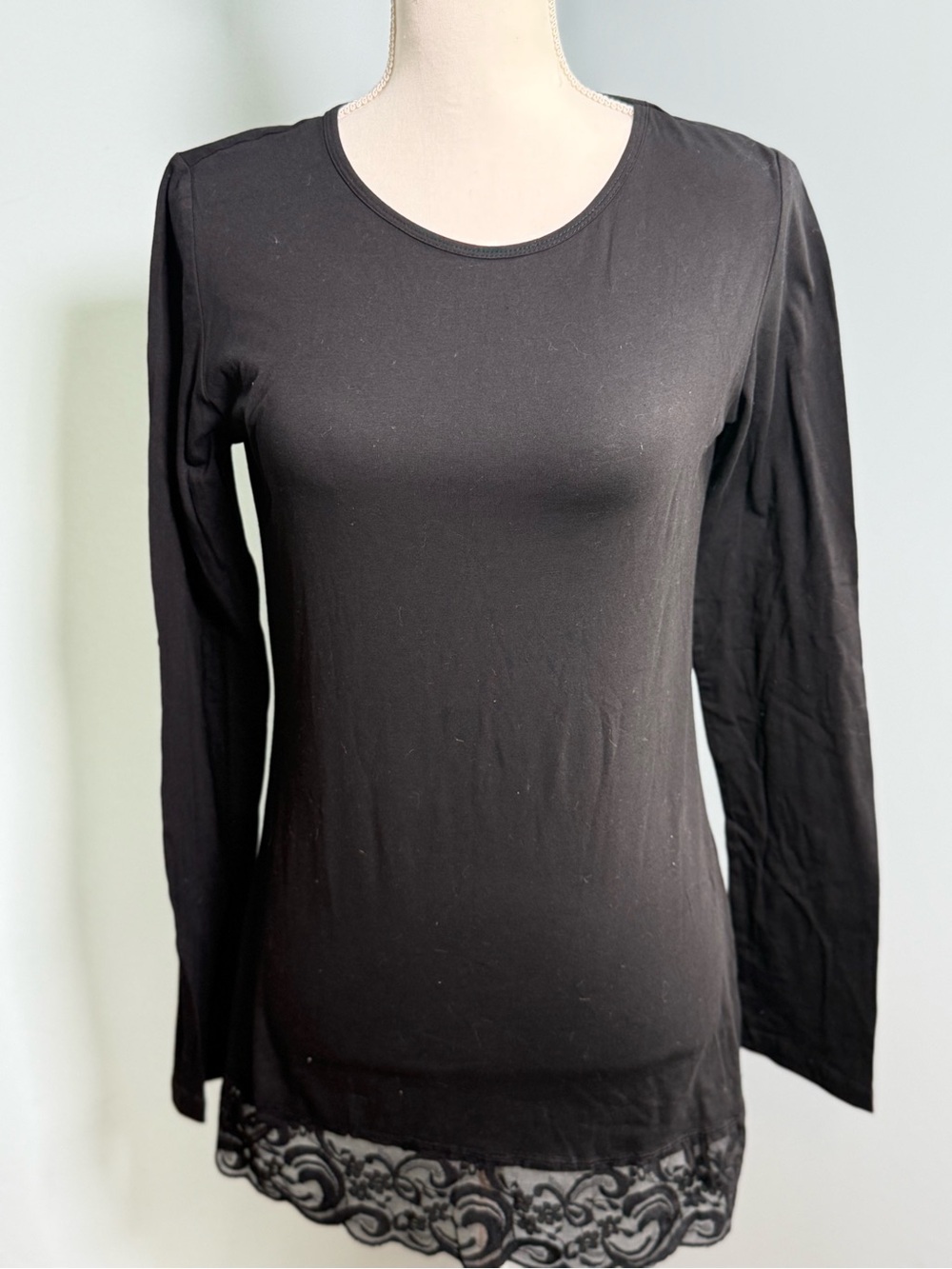 DownEast Black Long Sleeve Tee with Lace Hem